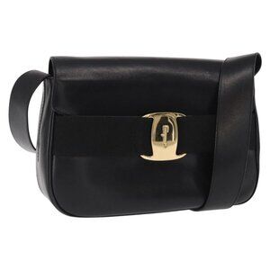 Authentic Salvatore Ferragamo Vala Shoulder Bag Leather Black Gold
